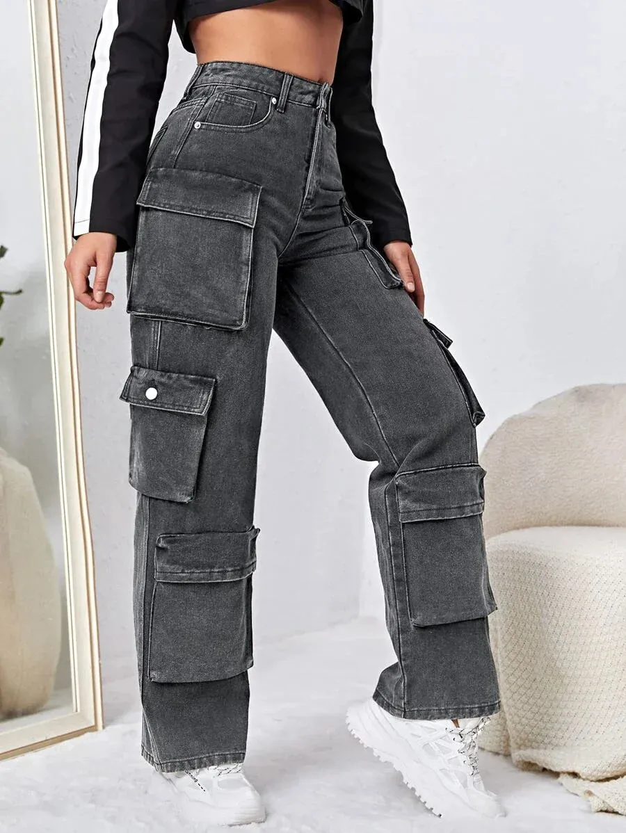 Easy Wear High Waisted Flap Pocket Cargo Jeans