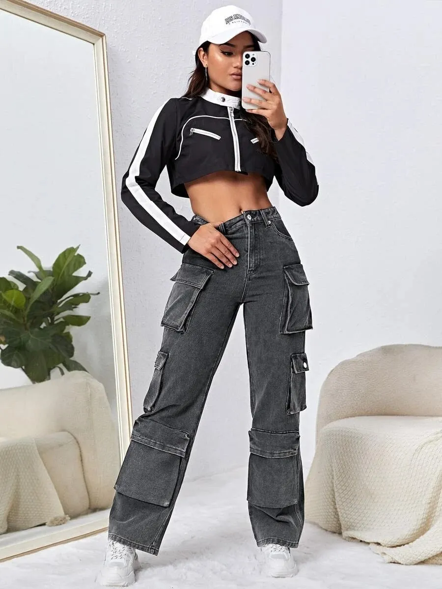 Easy Wear High Waisted Flap Pocket Cargo Jeans