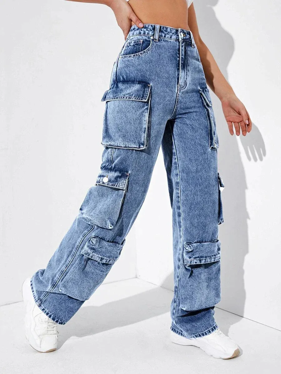 Easy Wear High Waisted Flap Pocket Cargo Jeans