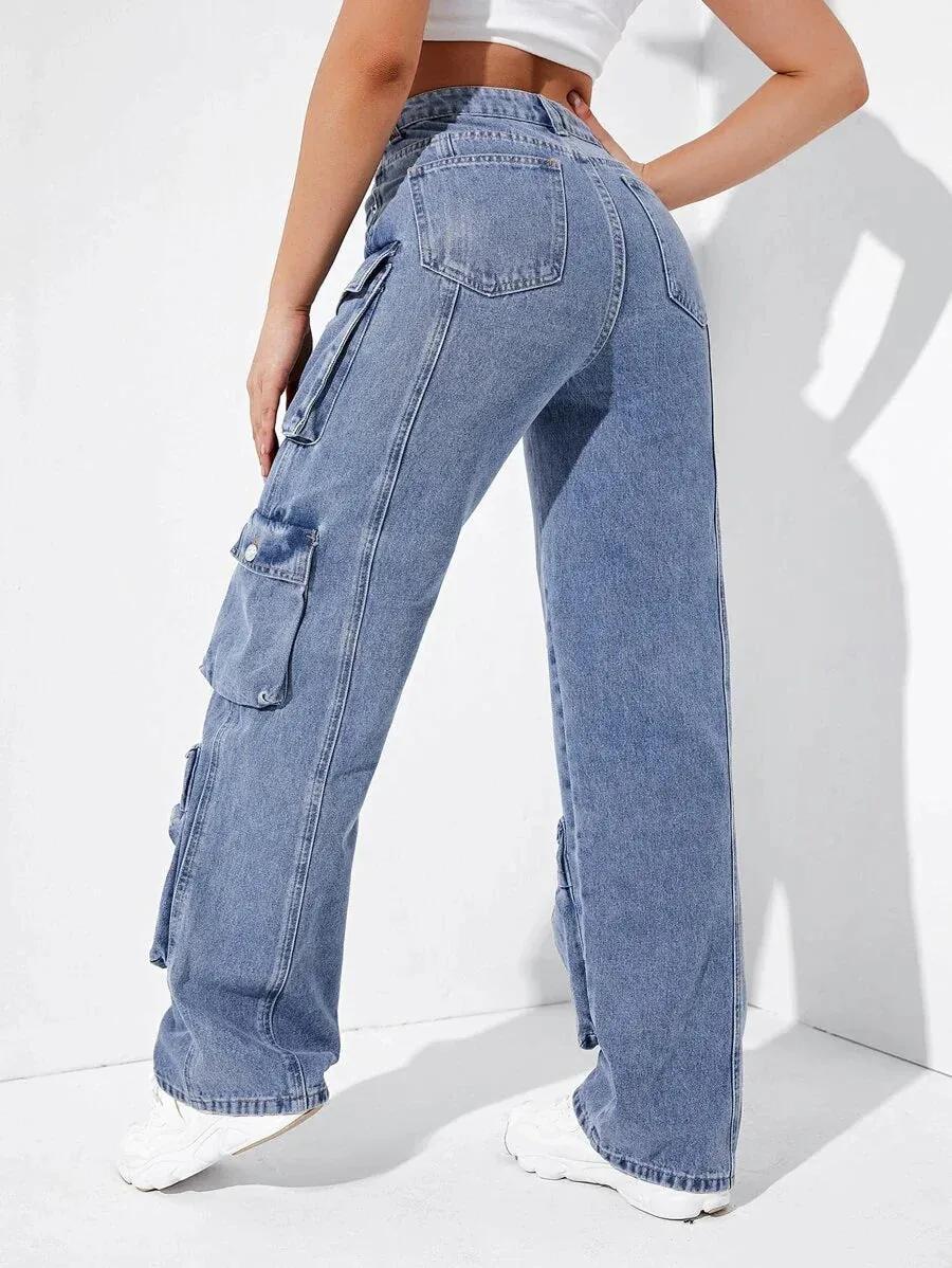Easy Wear High Waisted Flap Pocket Cargo Jeans