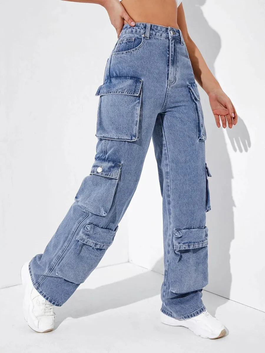 Easy Wear High Waisted Flap Pocket Cargo Jeans