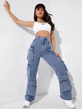 Easy Wear High Waisted Flap Pocket Cargo Jeans