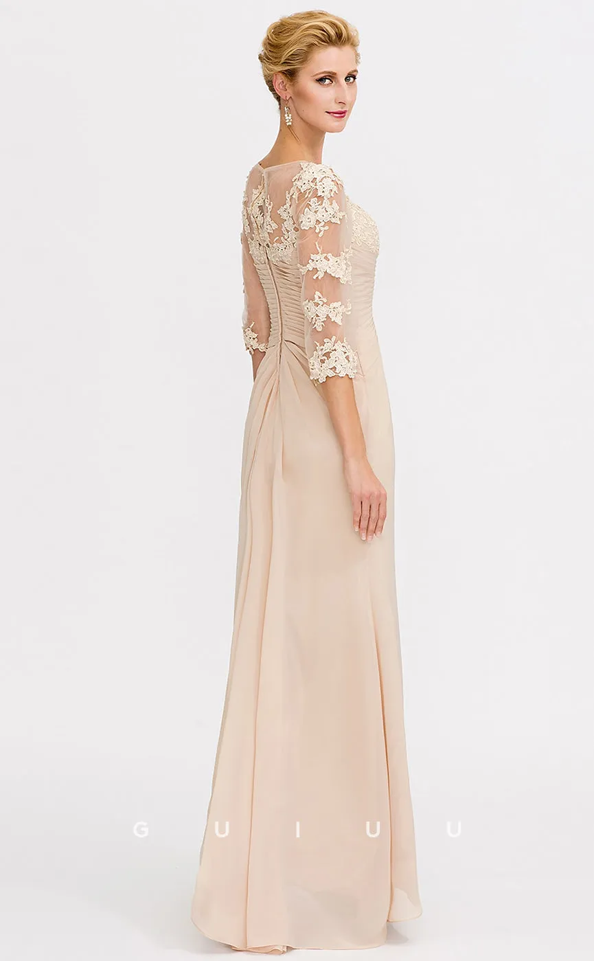 GM011 - Elegant Plus Size Sheath V Neck 34 Sleeves Appliques Pleated Long Chiffon Mother of the Bride Dress