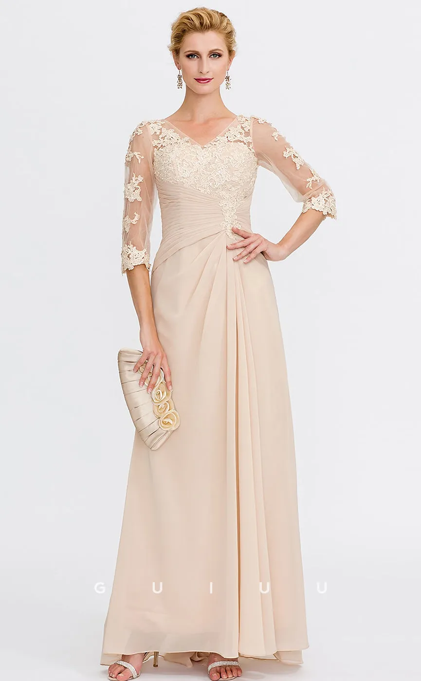 GM011 - Elegant Plus Size Sheath V Neck 34 Sleeves Appliques Pleated Long Chiffon Mother of the Bride Dress