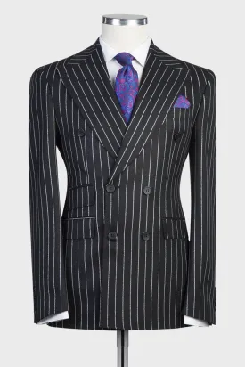 Godfrey Modern Black Striped Double Breasted Peak Lapel Business Suits for Men
