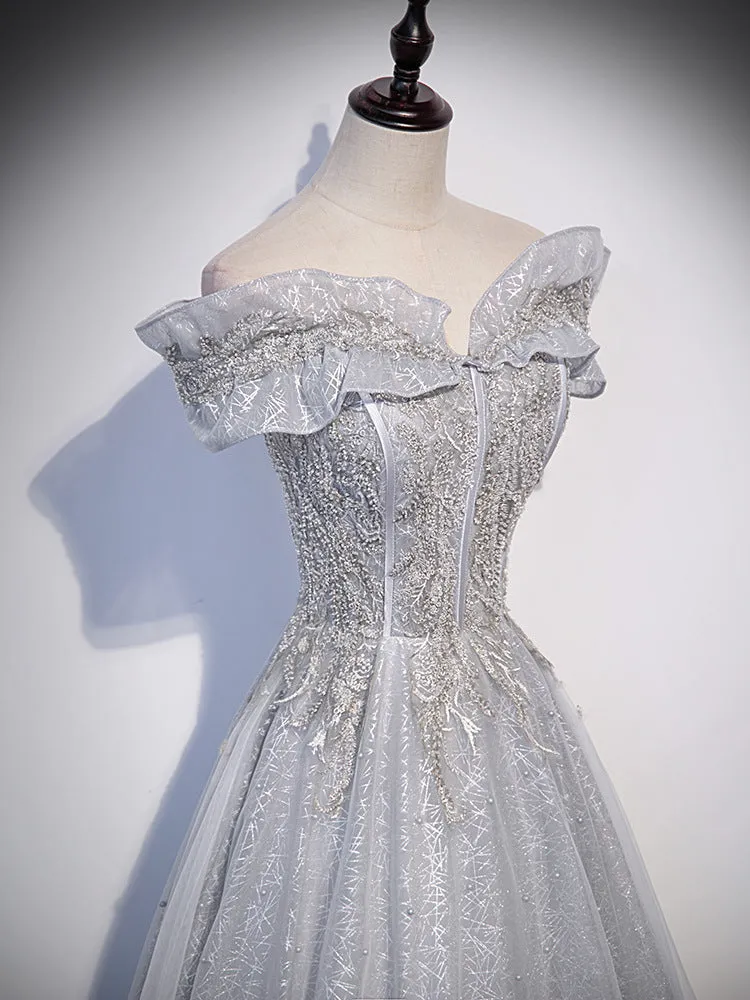 Gray Off  Shoulder Shiny Prom Dress Sparkly  Formal Evening Gown 220