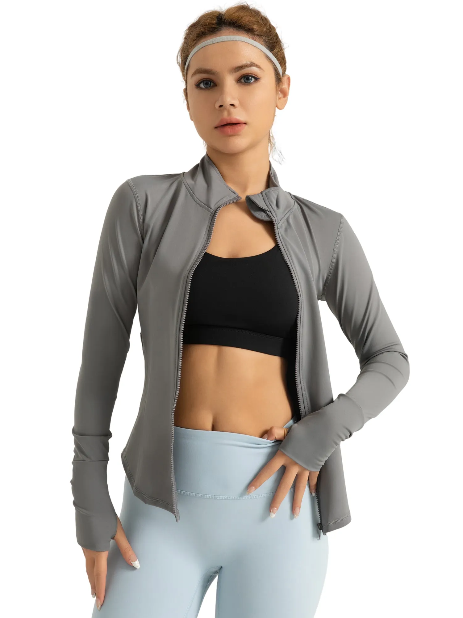 Hanerdun Womens Long Sleeve Workout Athletic Jacekts Quick Dry Yoga Coat Solid Zip Activewear