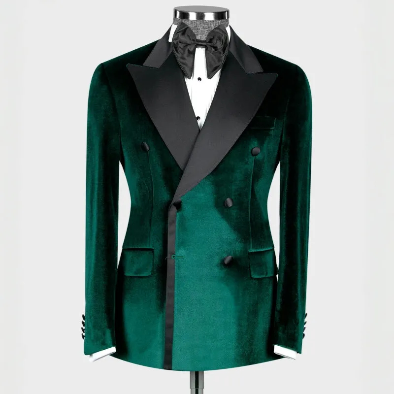 Harrison Modern Dark Green Double-Breasted Velvet Peaked Lapel Prom Suit