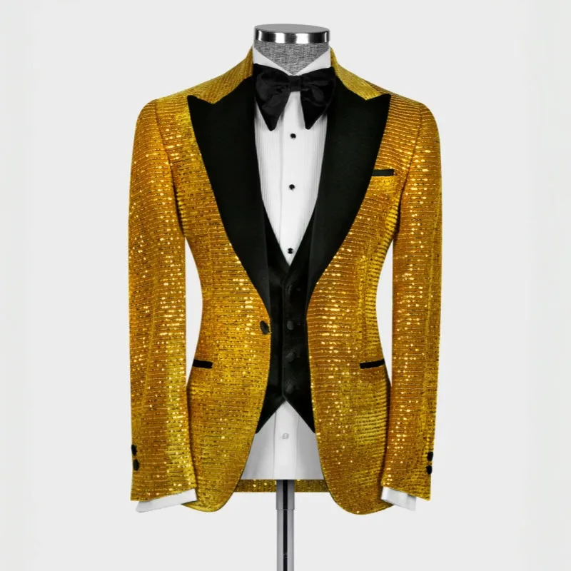 Hilary Stunning Gold Peaked Lapel Three-Piece Sequined Prom Suit