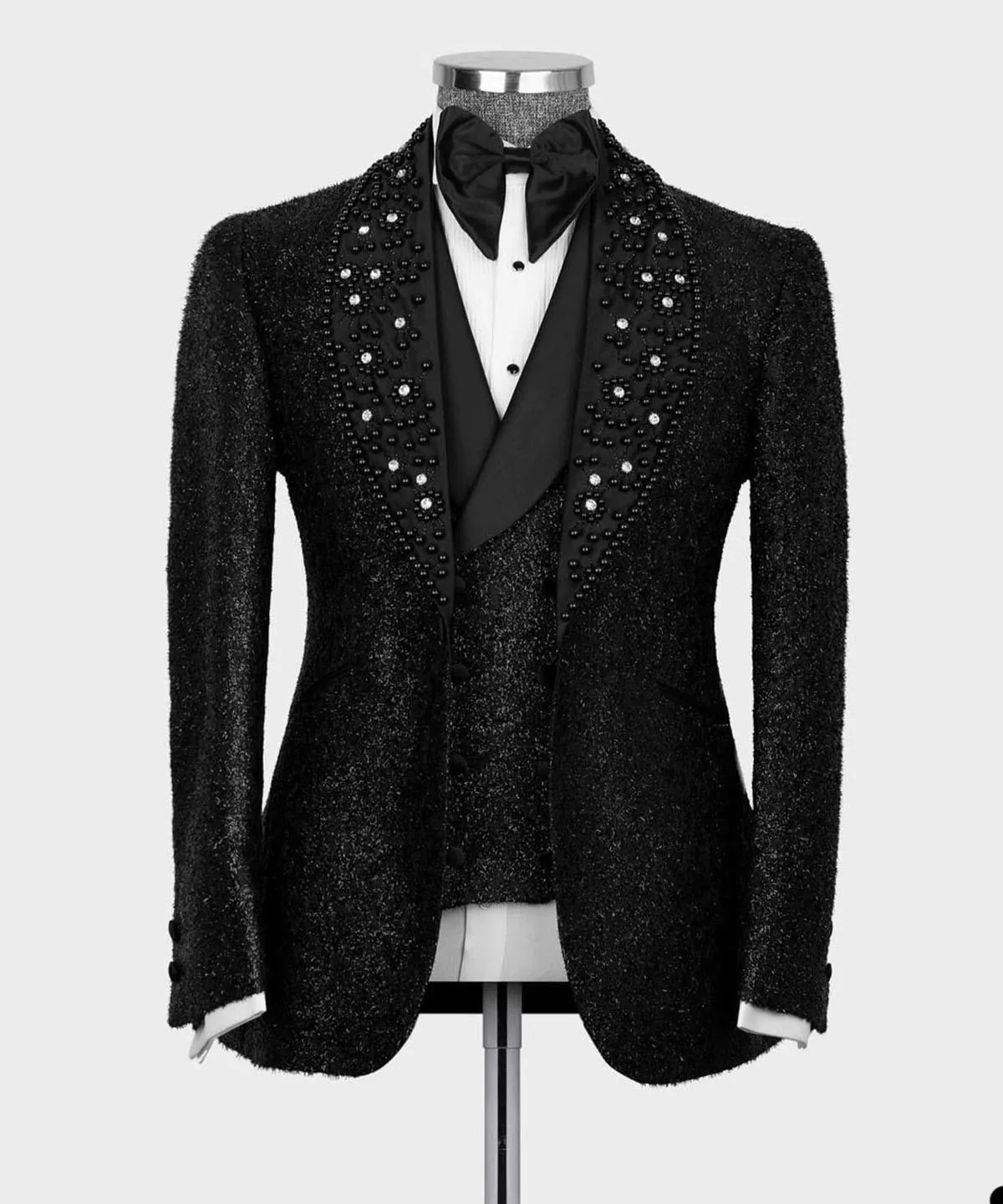 John Chic Shiny Black Beaded Shawl Lapel Three-Piece Prom Suit for Men