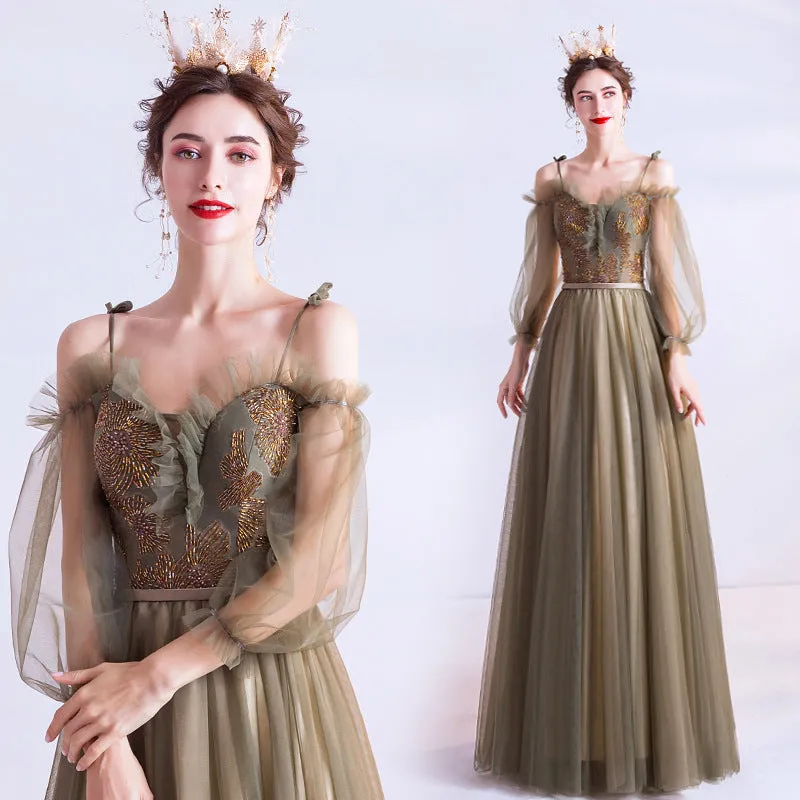 Long Green  Tulle Prom Dress A Line Evening Dress with Long Sleeves 161