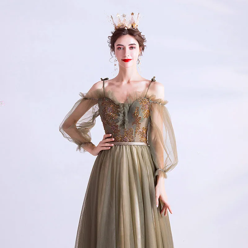 Long Green  Tulle Prom Dress A Line Evening Dress with Long Sleeves 161