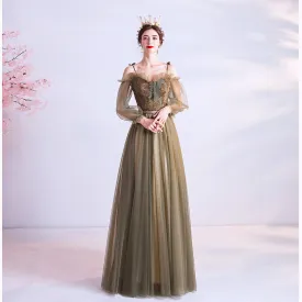 Long Green  Tulle Prom Dress A Line Evening Dress with Long Sleeves 161