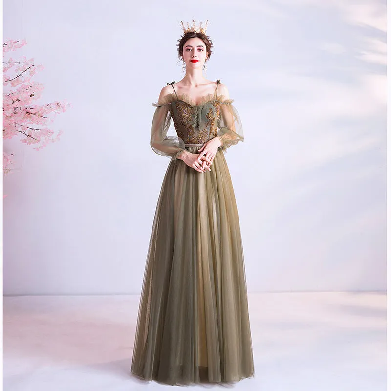 Long Green  Tulle Prom Dress A Line Evening Dress with Long Sleeves 161