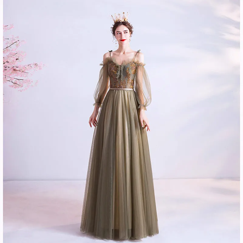Long Green  Tulle Prom Dress A Line Evening Dress with Long Sleeves 161