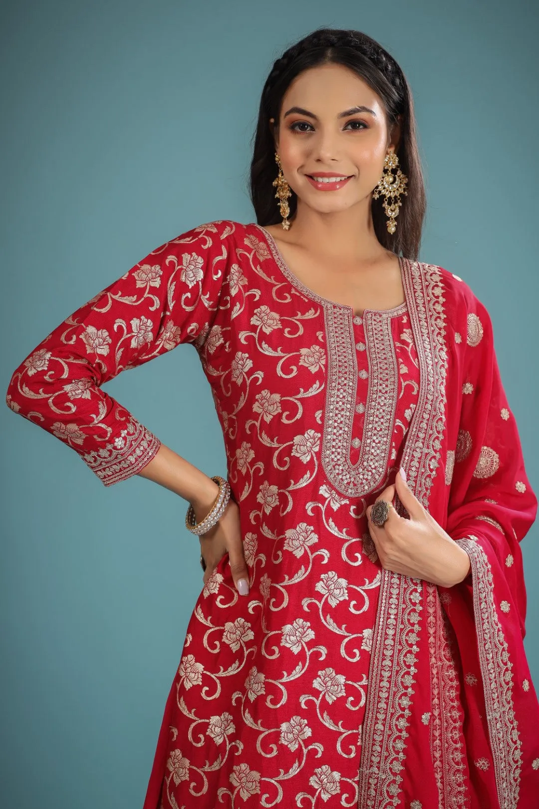 Magenta Zari Embroidered Silk Palazzo Suit Set