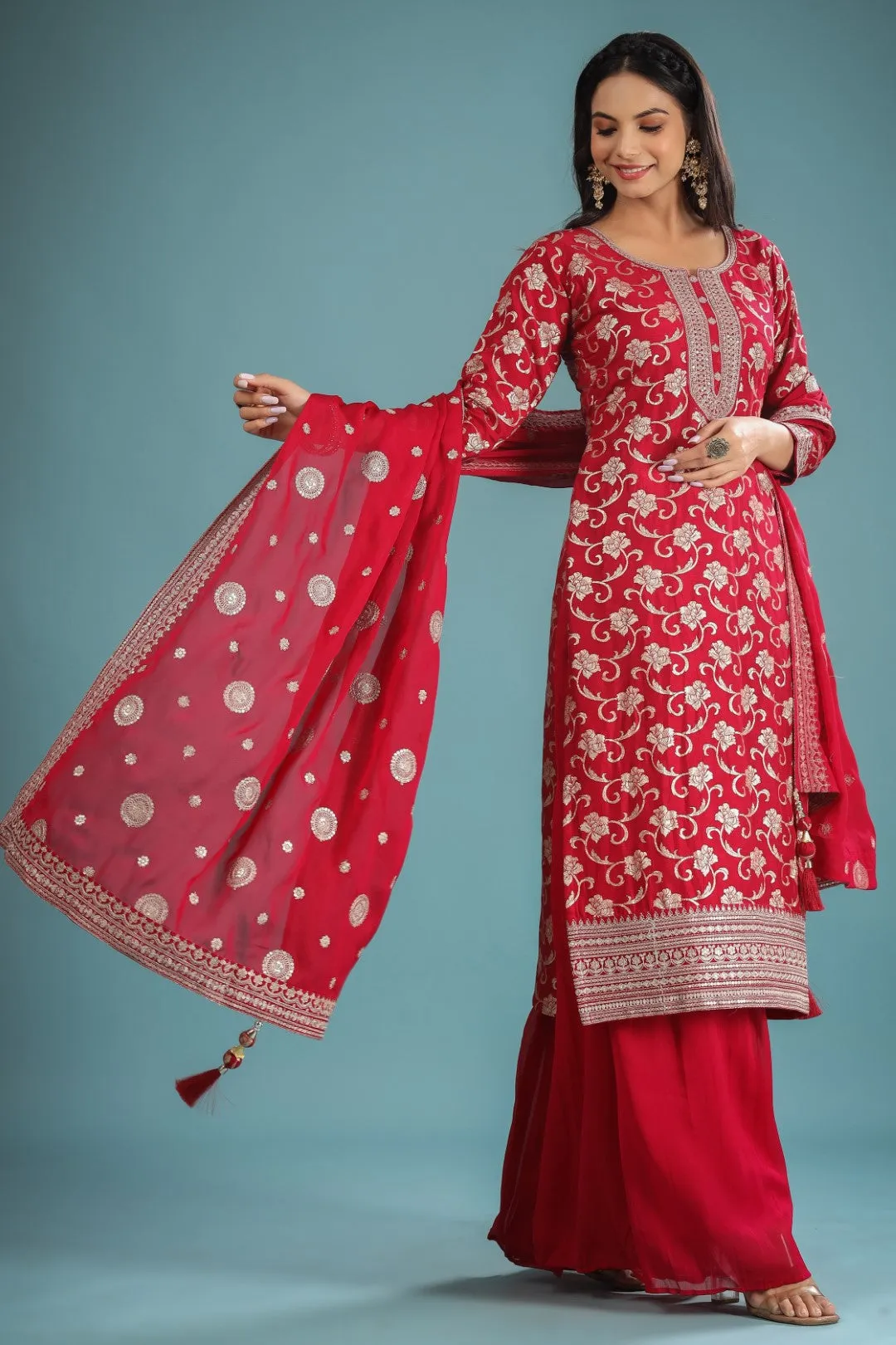 Magenta Zari Embroidered Silk Palazzo Suit Set