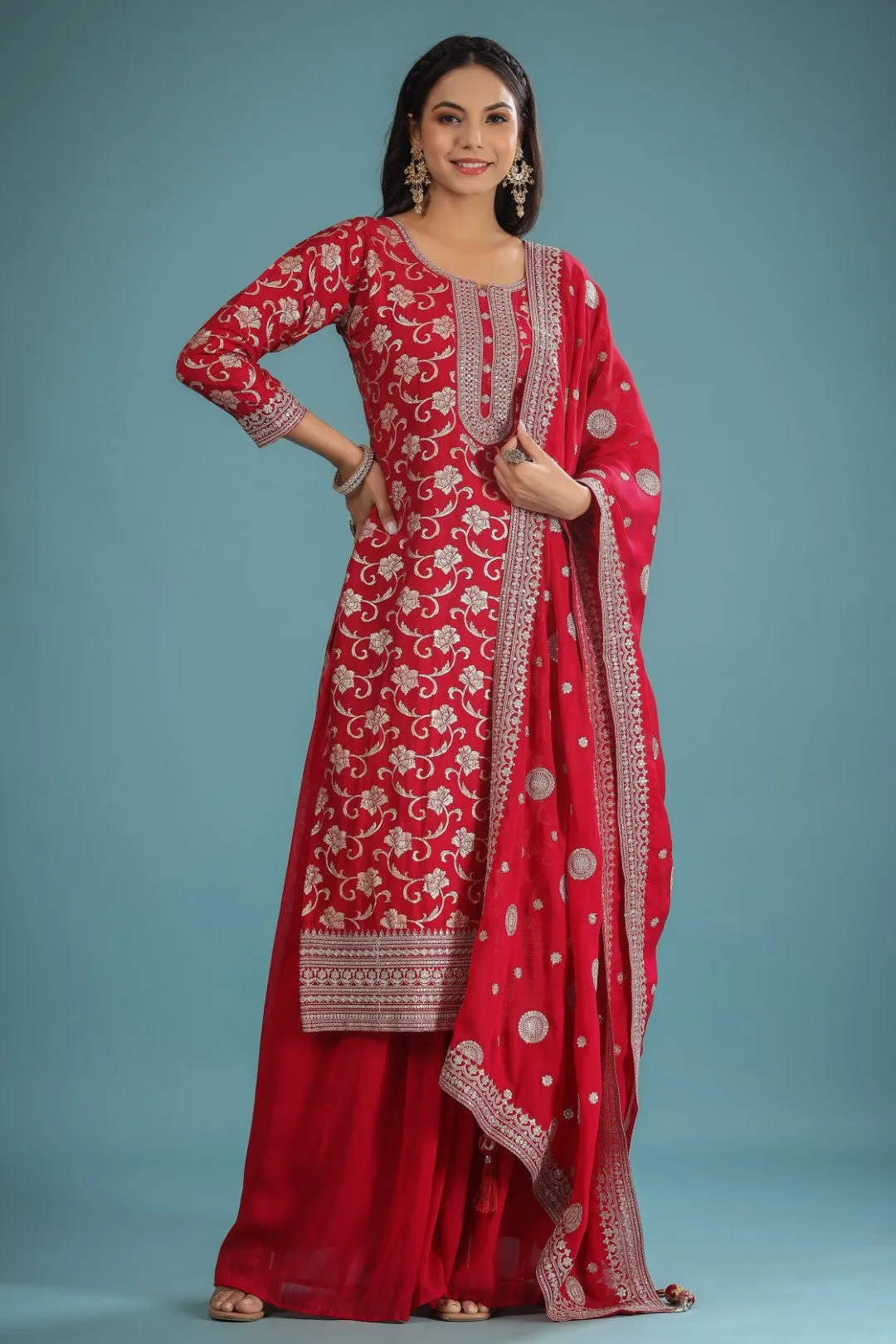 Magenta Zari Embroidered Silk Palazzo Suit Set