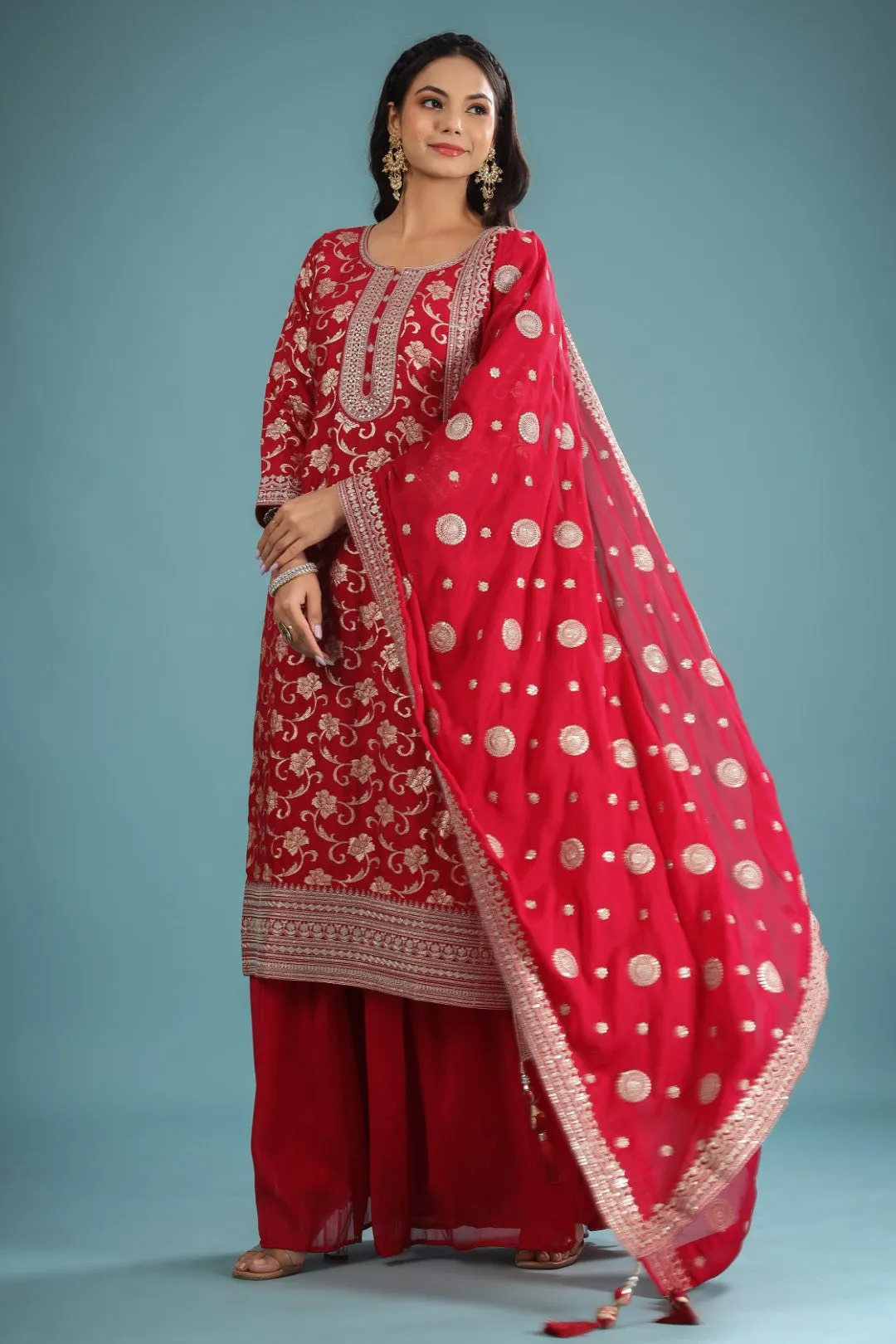 Magenta Zari Embroidered Silk Palazzo Suit Set
