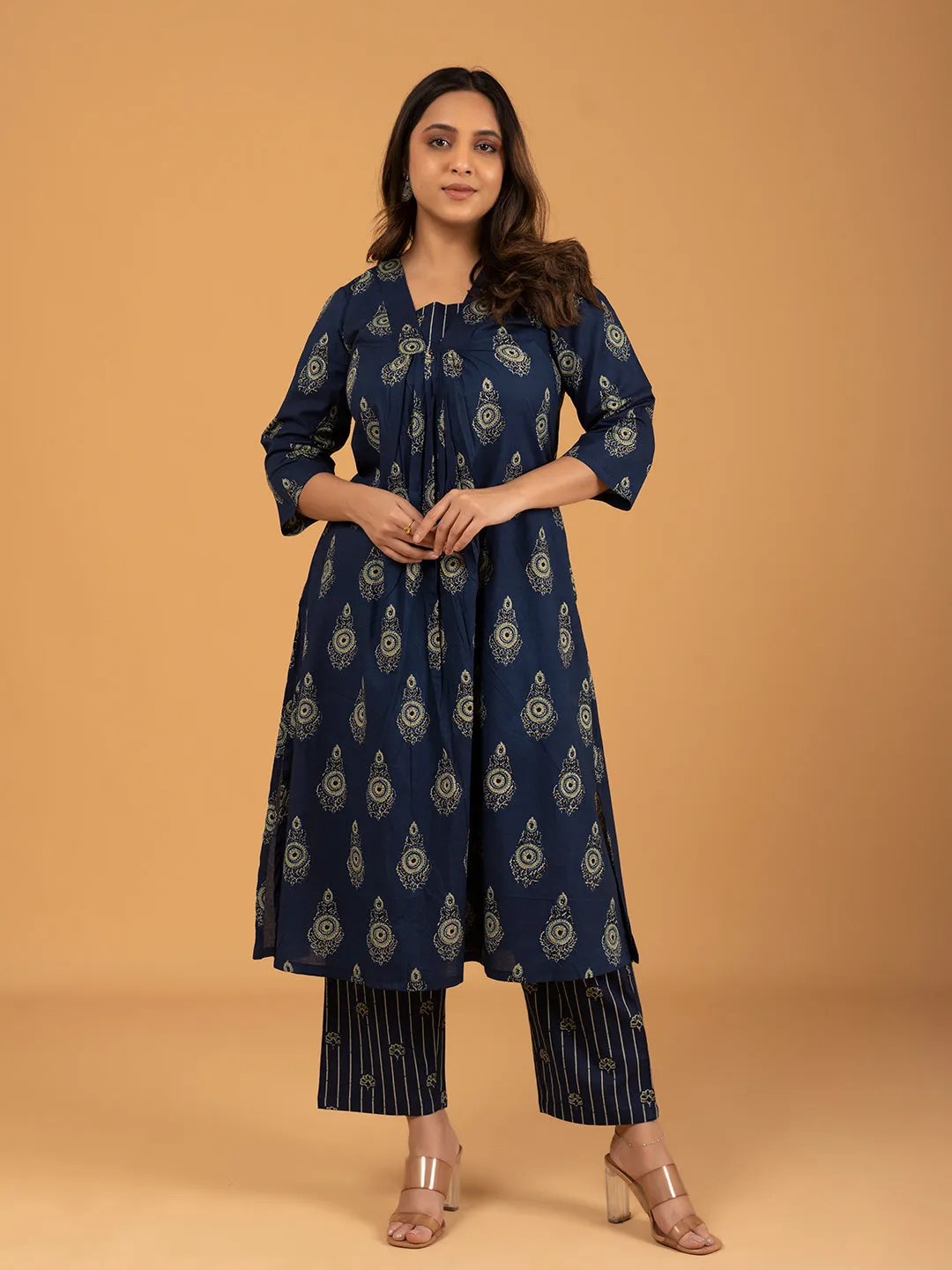 Navy Blue Printed Cotton Kurta Set With Dupatta