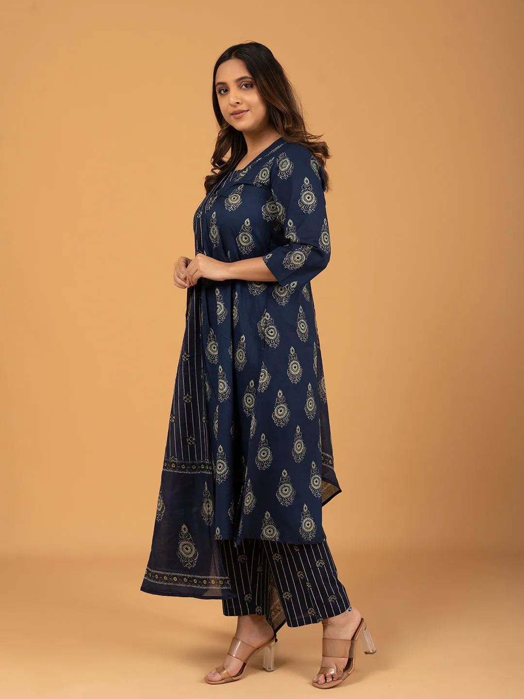 Navy Blue Printed Cotton Kurta Set With Dupatta
