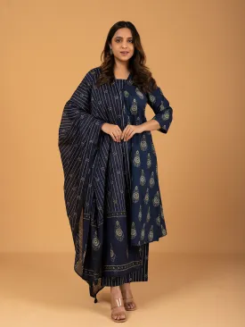 Navy Blue Printed Cotton Kurta Set With Dupatta