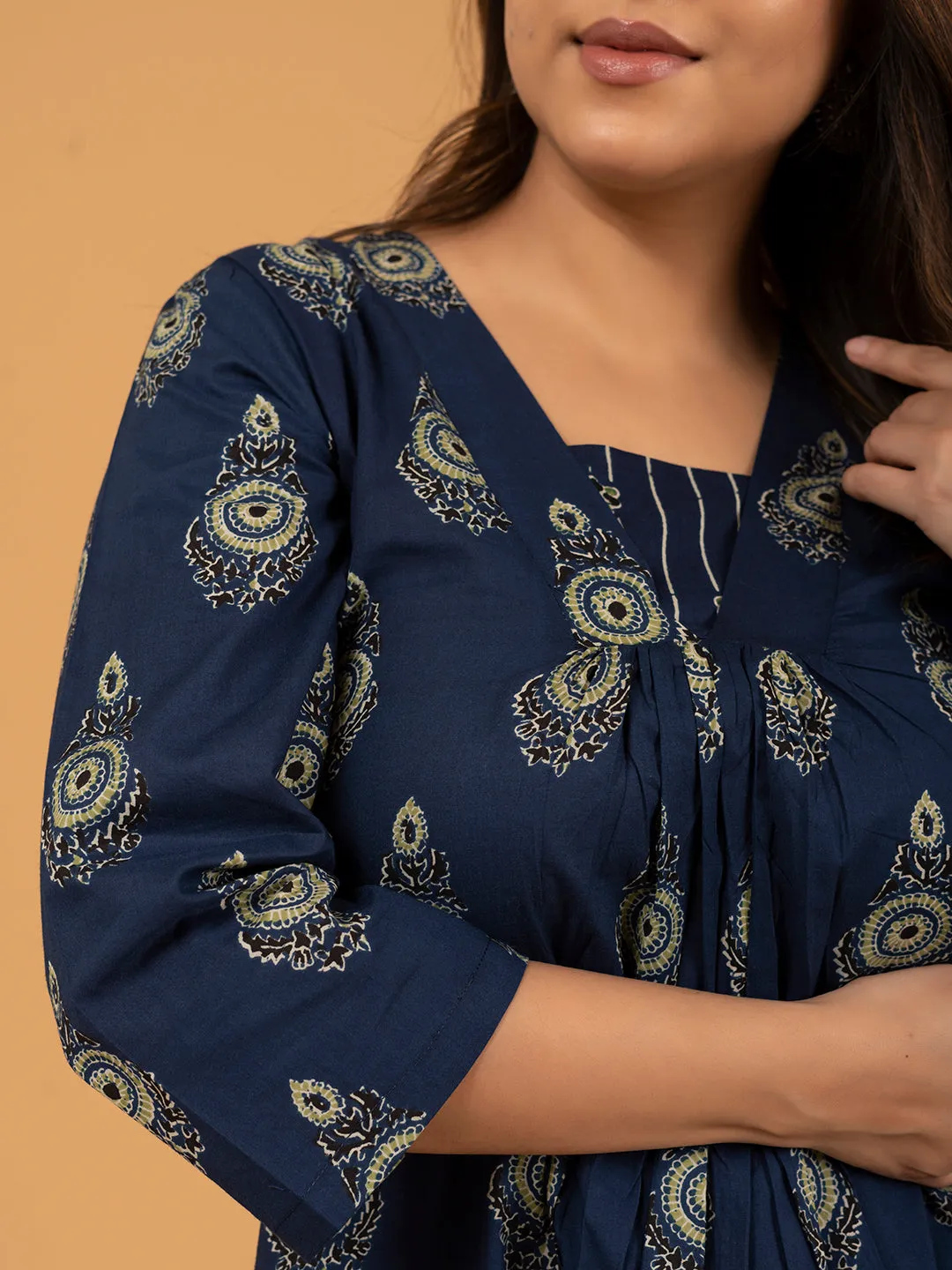 Navy Blue Printed Cotton Kurta Set With Dupatta