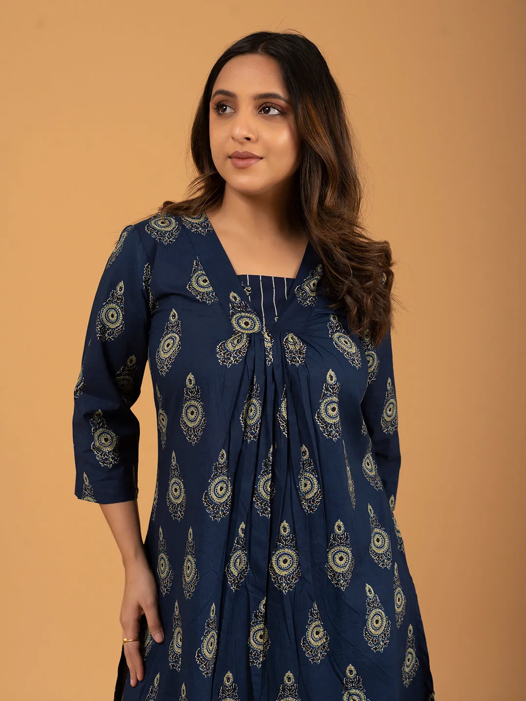 Navy Blue Printed Cotton Kurta Set With Dupatta