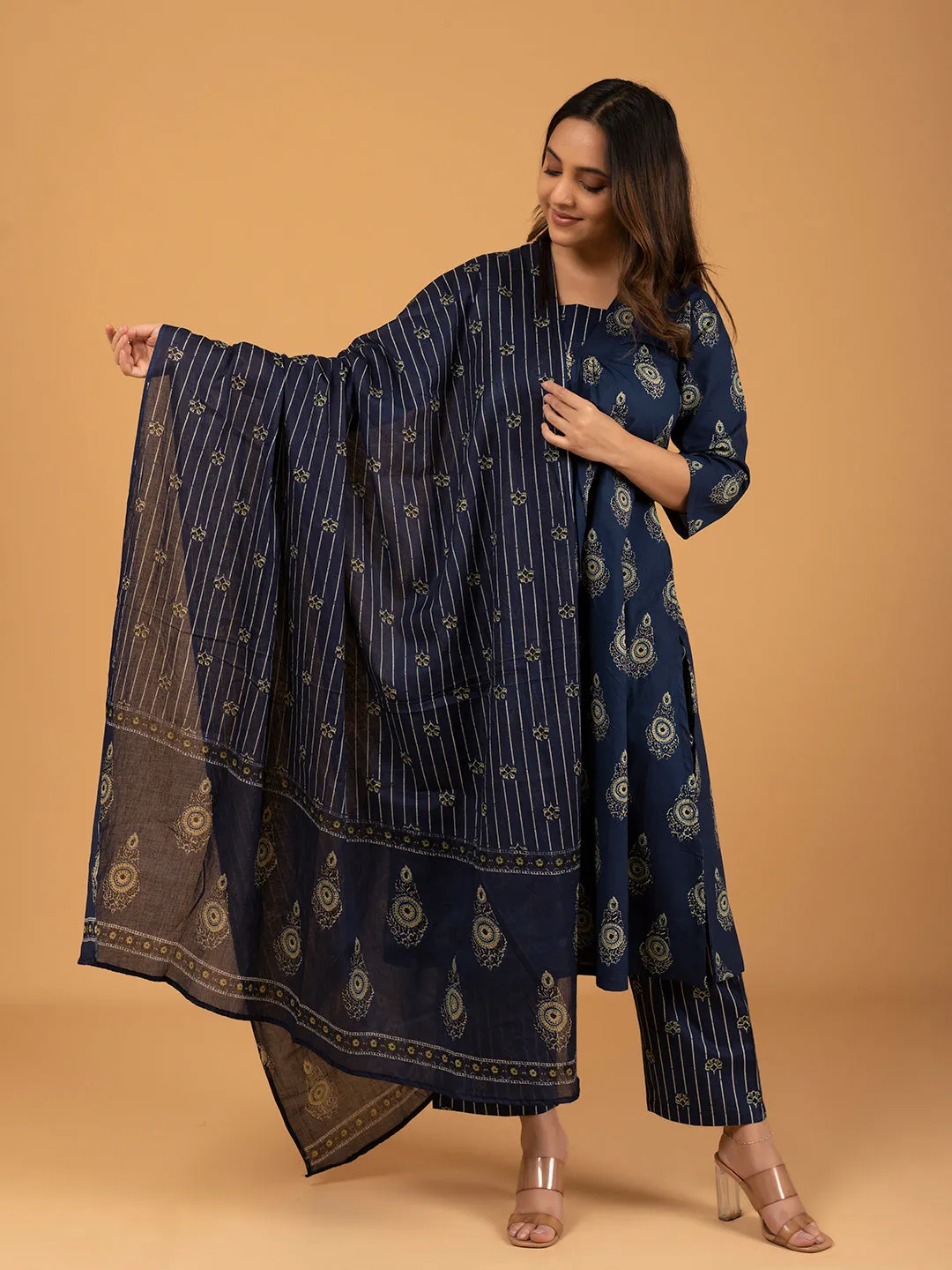 Navy Blue Printed Cotton Kurta Set With Dupatta