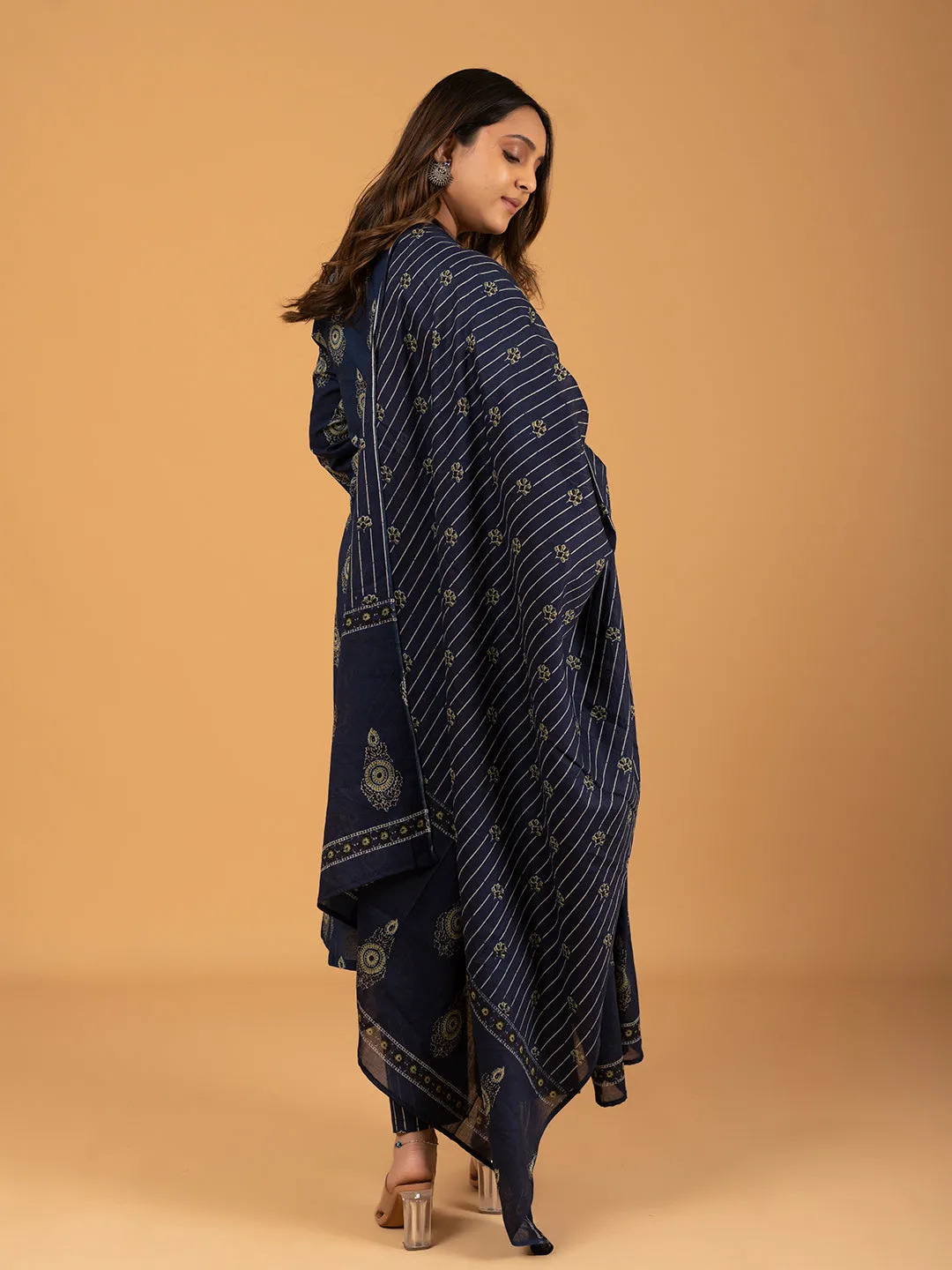 Navy Blue Printed Cotton Kurta Set With Dupatta