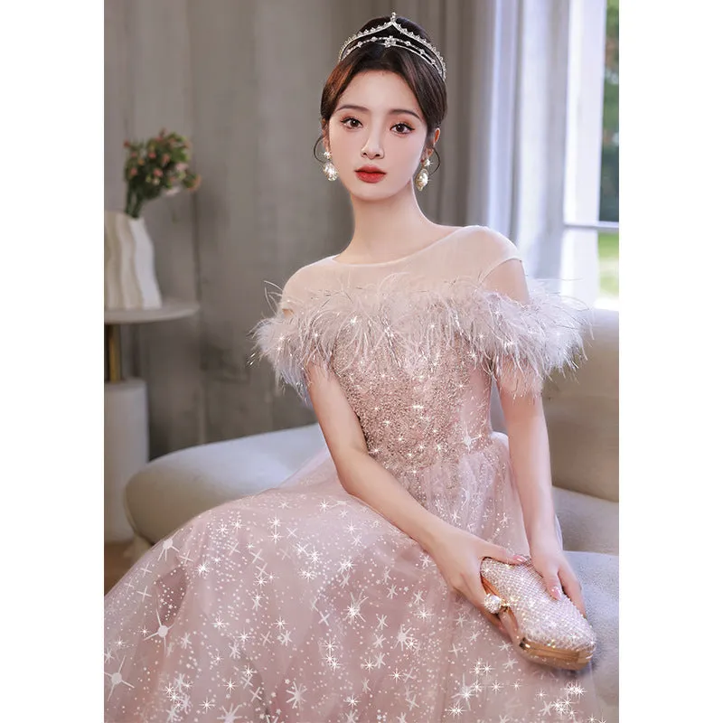 Off Shoulder Pink Shiny Prom Dress Feather A Line Sweet Party Dress 623