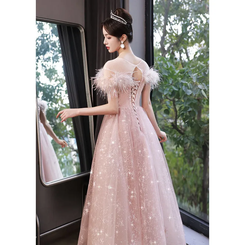 Off Shoulder Pink Shiny Prom Dress Feather A Line Sweet Party Dress 623