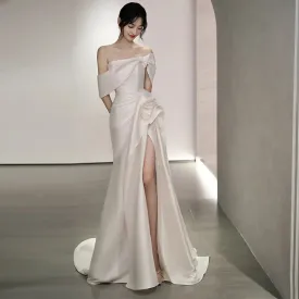 Off Shoulder Satin Wedding Dress White Mermaid Long Prom Dress with Slit 562