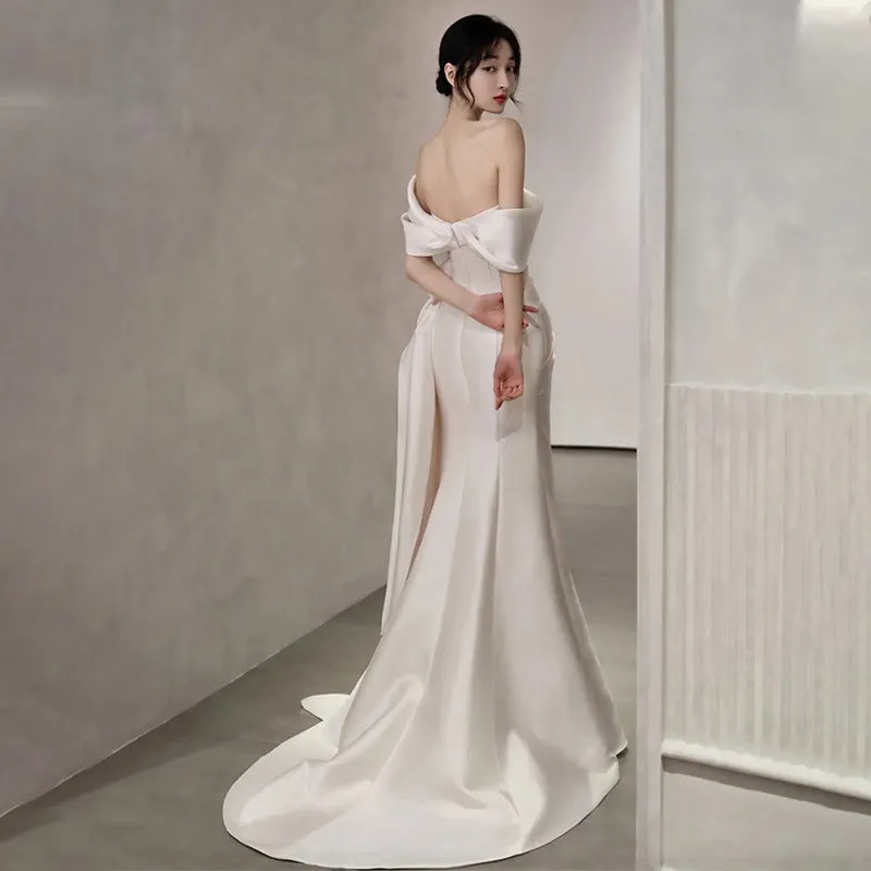 Off Shoulder Satin Wedding Dress White Mermaid Long Prom Dress with Slit 562