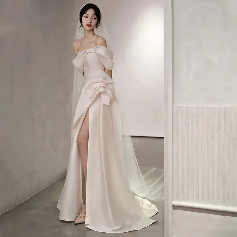 Off Shoulder Satin Wedding Dress White Mermaid Long Prom Dress with Slit 562