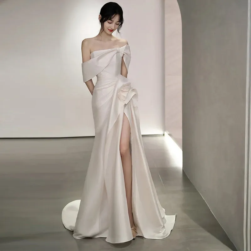 Off Shoulder Satin Wedding Dress White Mermaid Long Prom Dress with Slit 562
