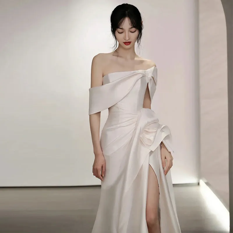 Off Shoulder Satin Wedding Dress White Mermaid Long Prom Dress with Slit 562