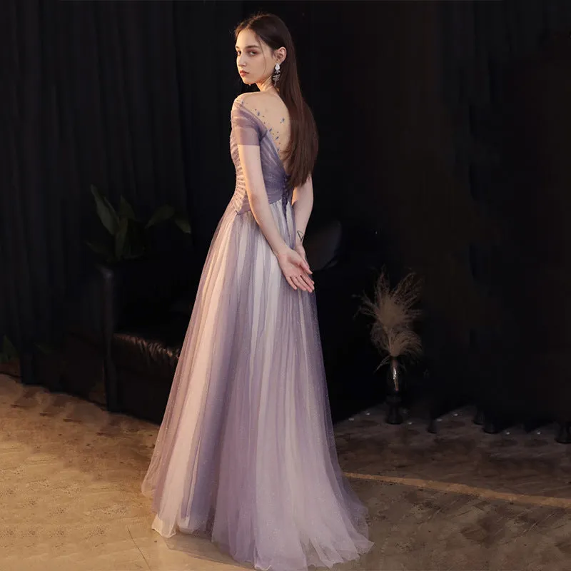 Off Shoulder Shiny Purple Prom Dress A Line Tulle Formal Evening Gown 707