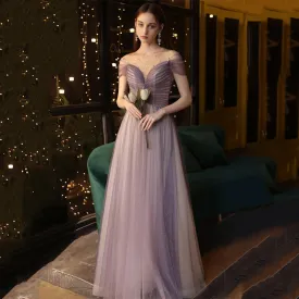 Off Shoulder Shiny Purple Prom Dress A Line Tulle Formal Evening Gown 707