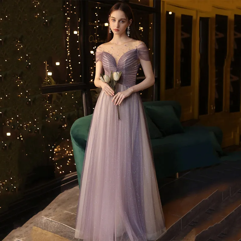 Off Shoulder Shiny Purple Prom Dress A Line Tulle Formal Evening Gown 707