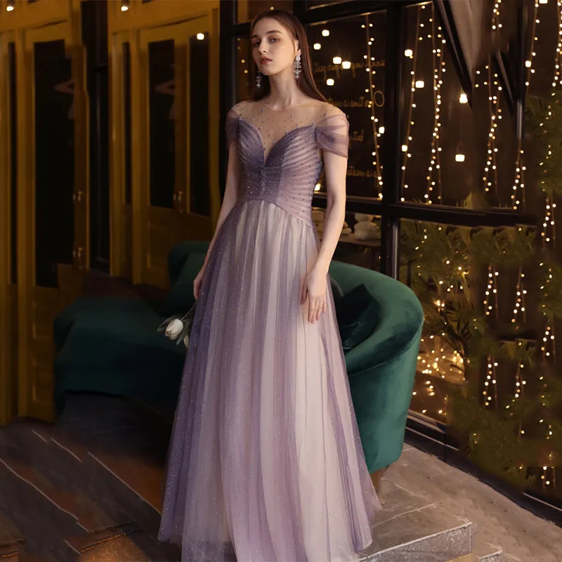 Off Shoulder Shiny Purple Prom Dress A Line Tulle Formal Evening Gown 707