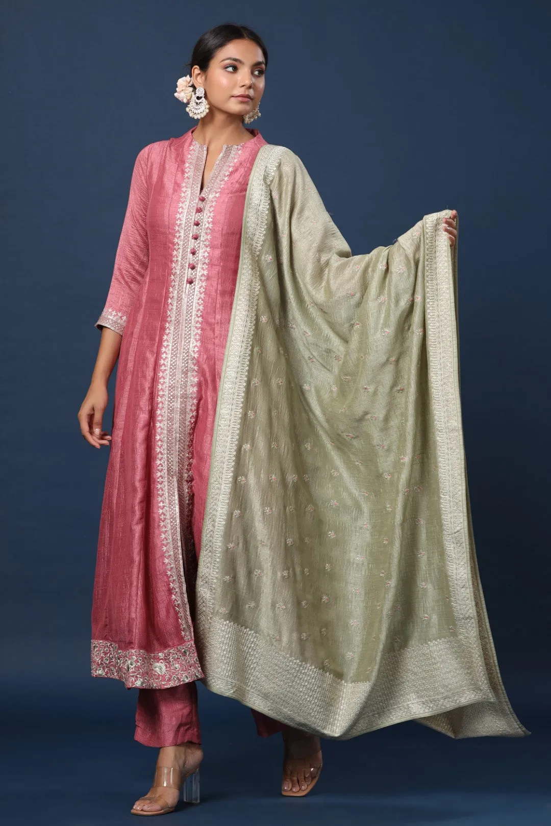 Onion Pink Resham Embroidered Straight Cut Salwar Suit with Silk Border Embroidered Dupatta