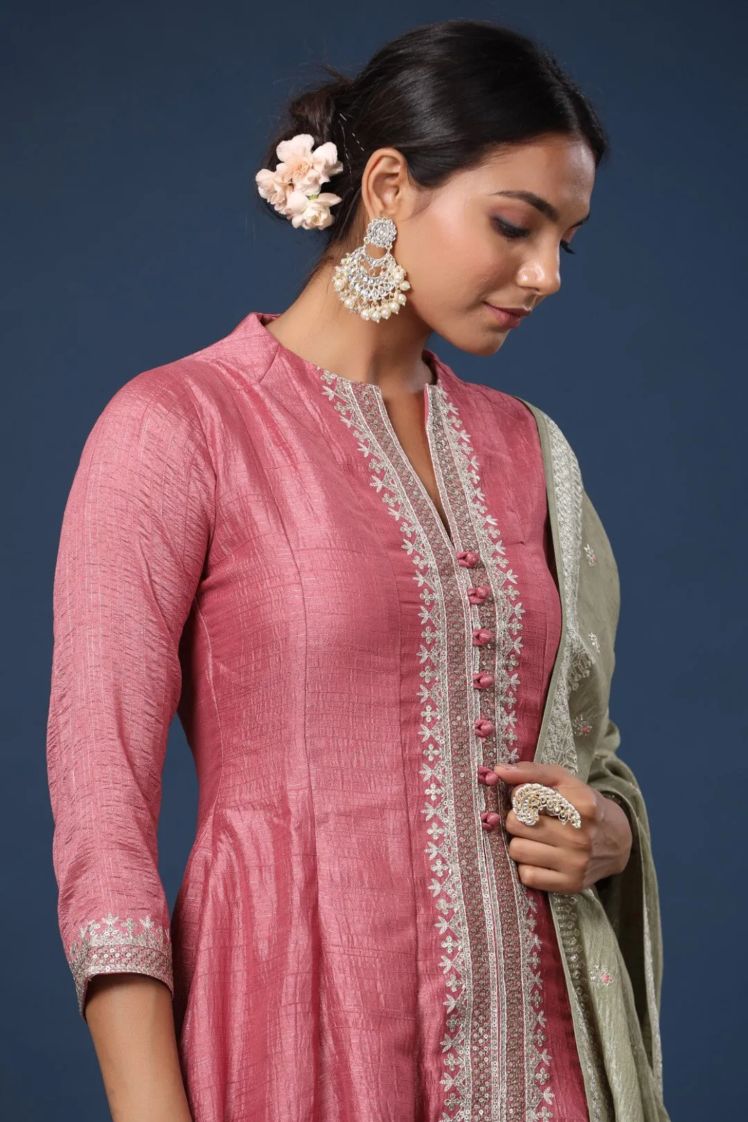 Onion Pink Resham Embroidered Straight Cut Salwar Suit with Silk Border Embroidered Dupatta