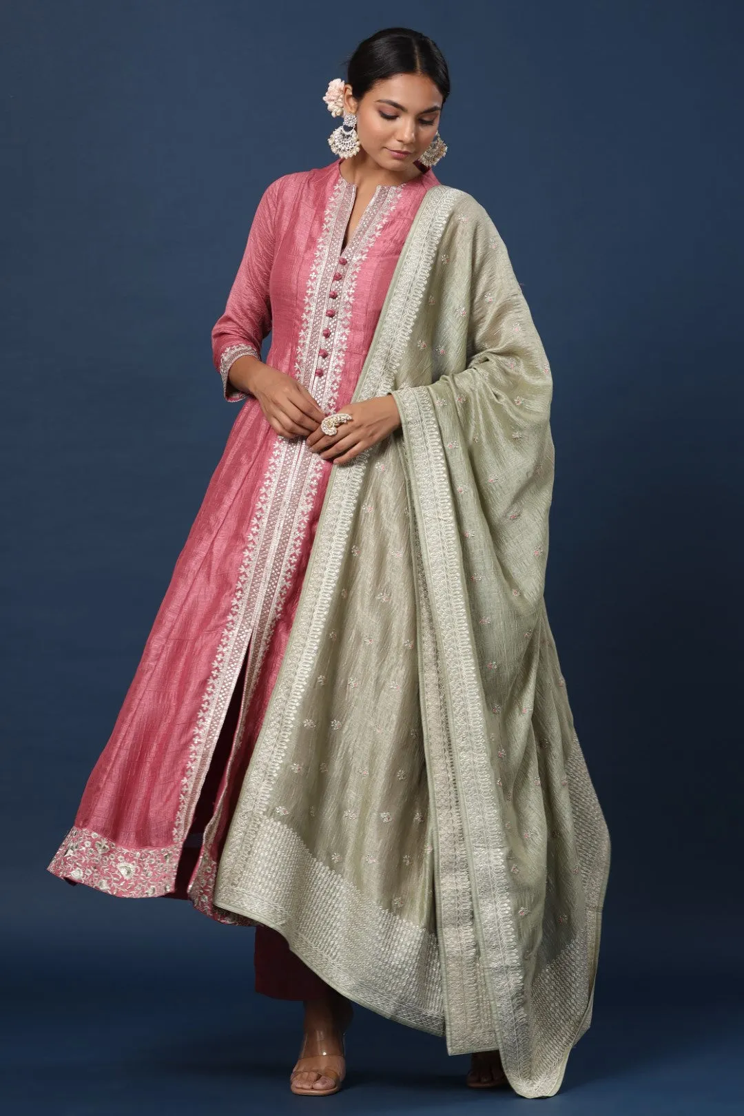 Onion Pink Resham Embroidered Straight Cut Salwar Suit with Silk Border Embroidered Dupatta