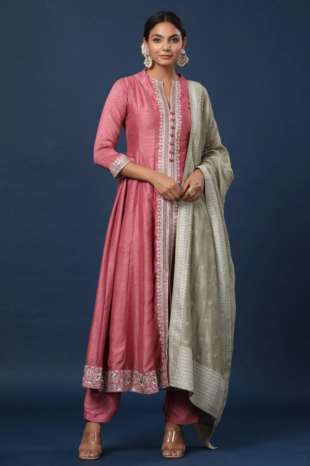 Onion Pink Resham Embroidered Straight Cut Salwar Suit with Silk Border Embroidered Dupatta