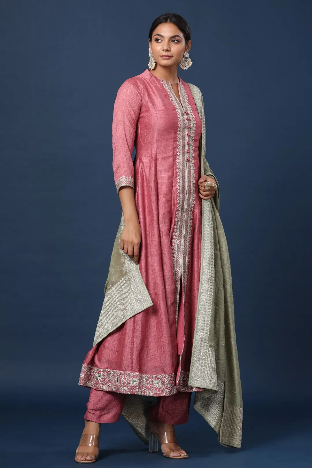 Onion Pink Resham Embroidered Straight Cut Salwar Suit with Silk Border Embroidered Dupatta