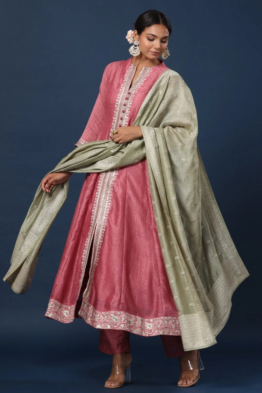 Onion Pink Resham Embroidered Straight Cut Salwar Suit with Silk Border Embroidered Dupatta