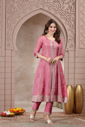 Onion Pink Sequins Tissue A Line Suit Set