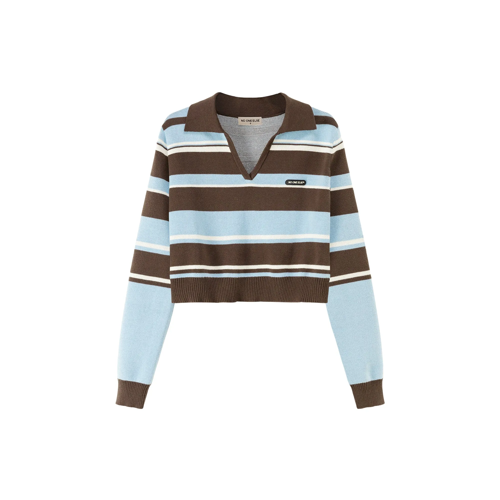 Open Collar Stripe Color Knit Sweater