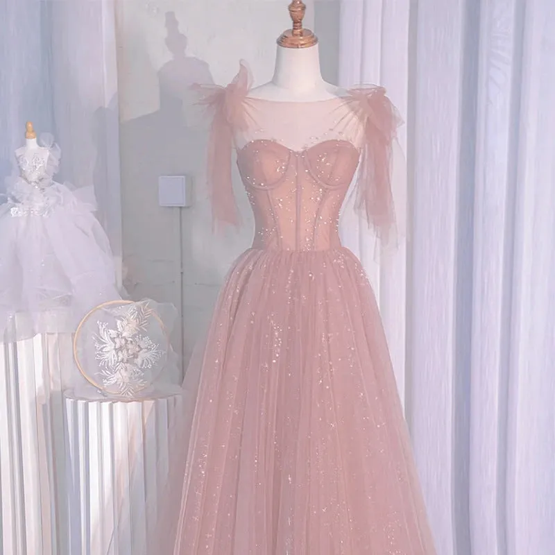 Pink Tulle Fairy Long Prom Dress Shiny Sweet Evening Gown 581
